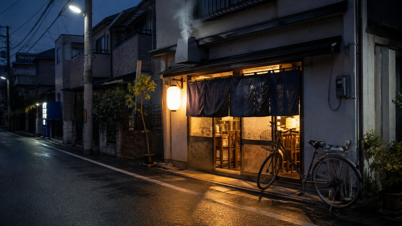 夕暮れどきのうな祐の店先。暖簾ごしに灯りがもれる