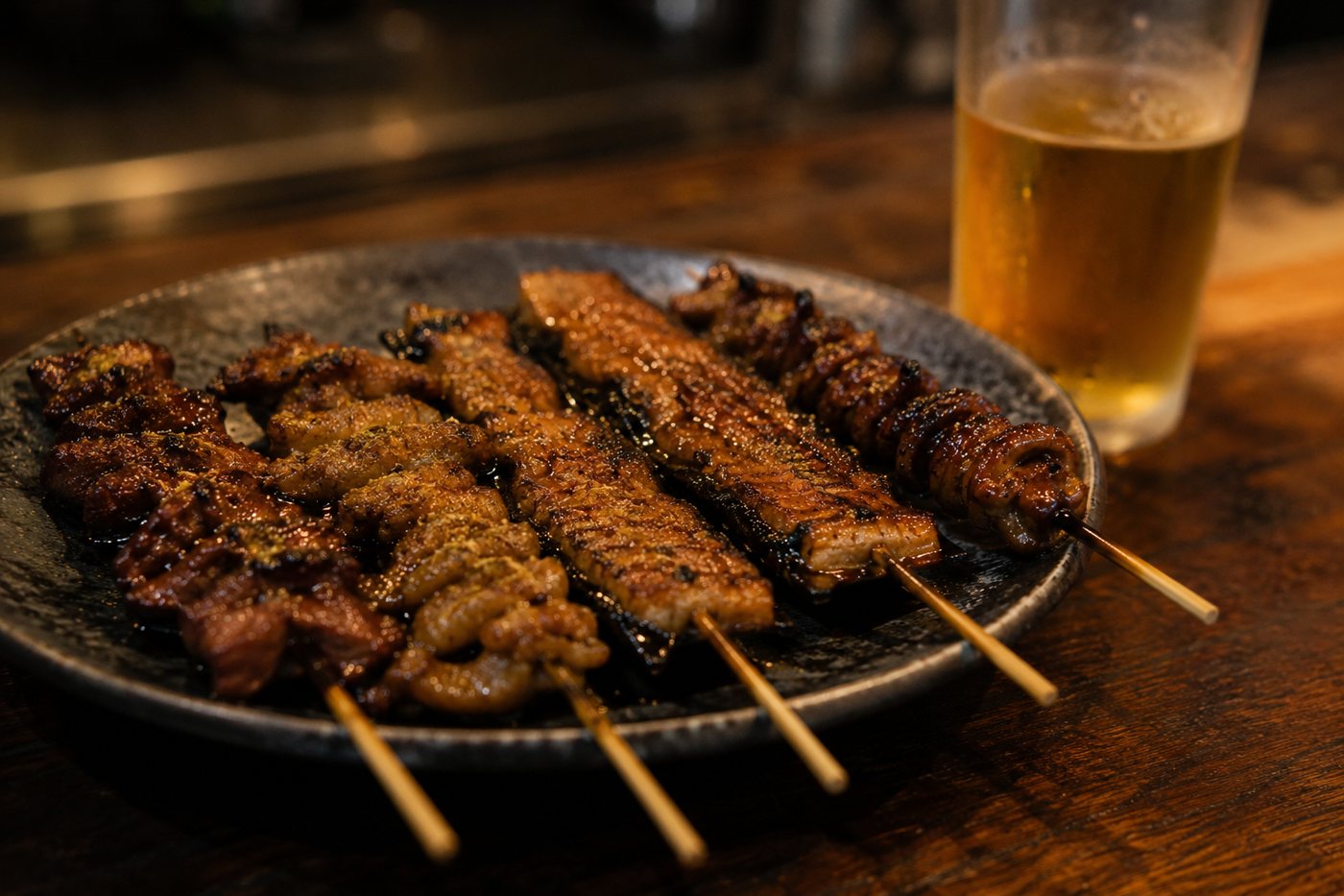 肝焼きやくりからなど、うなぎの串の盛り合わせ
