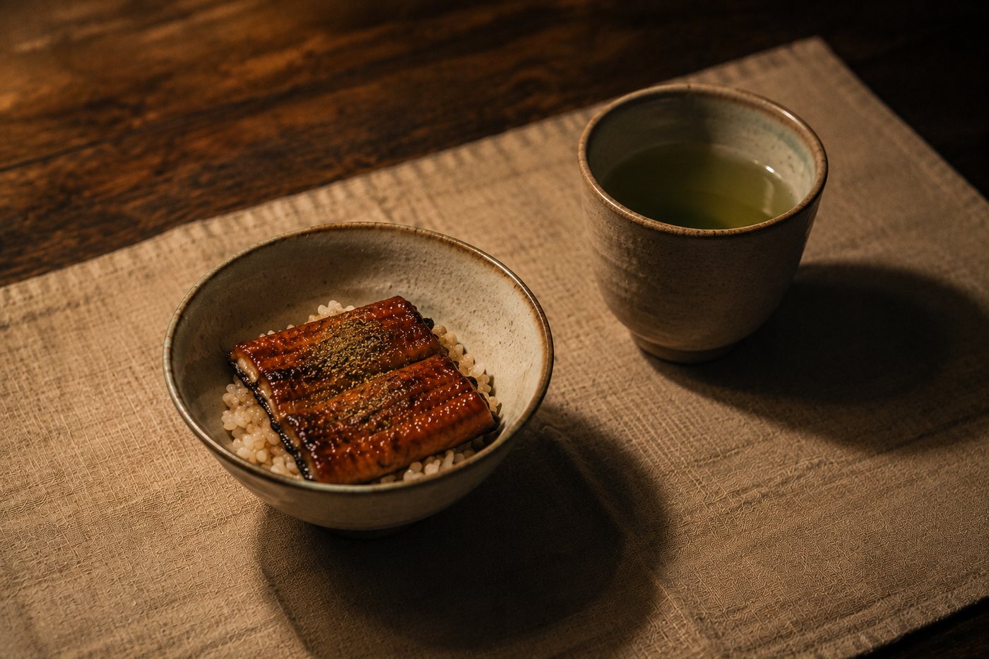 小さな丼に盛ったミニうな丼と、湯呑みの緑茶