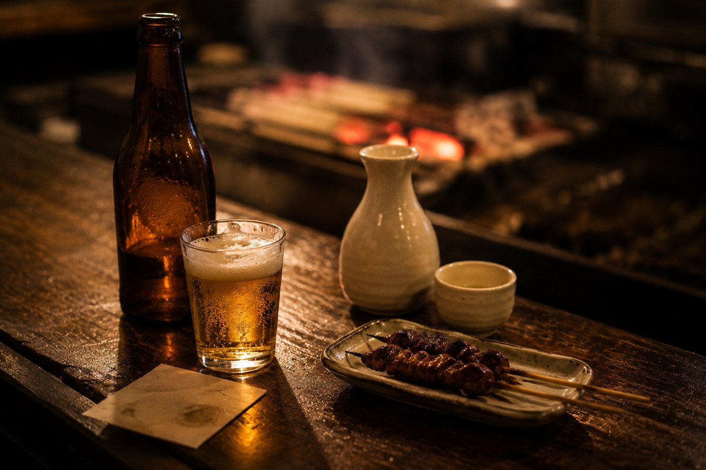 焼き場を背に、カウンターに置かれた瓶ビールと徳利、うなぎの串