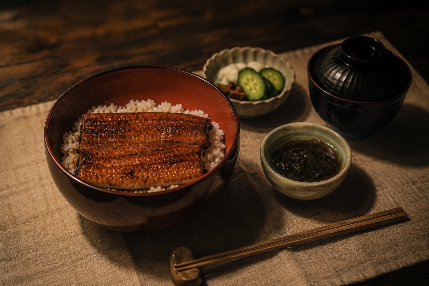 赤茶の丼に盛った竹うな丼と、お吸い物・小鉢・お新香