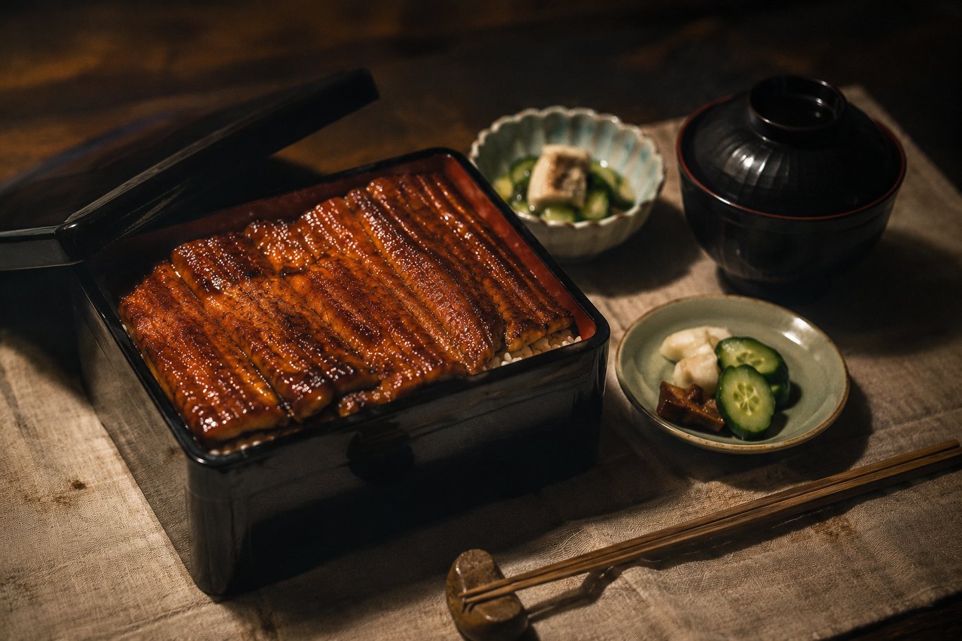 黒漆の重箱に詰めた特上うな重と、肝吸い・小鉢・うざく