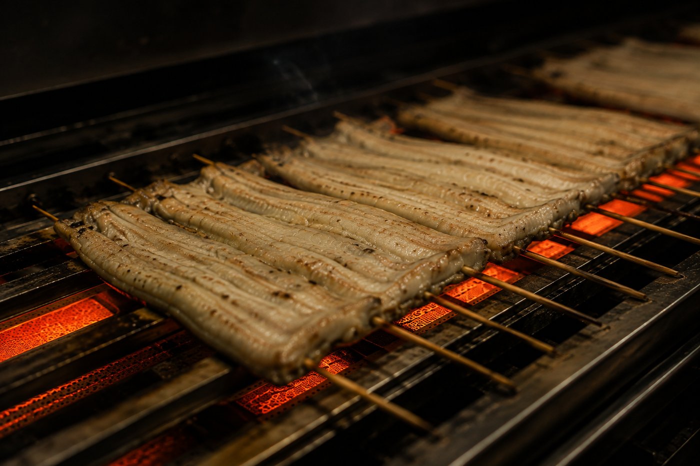 たれをつけずに素焼きにする、白い鰻が並ぶ焼き台