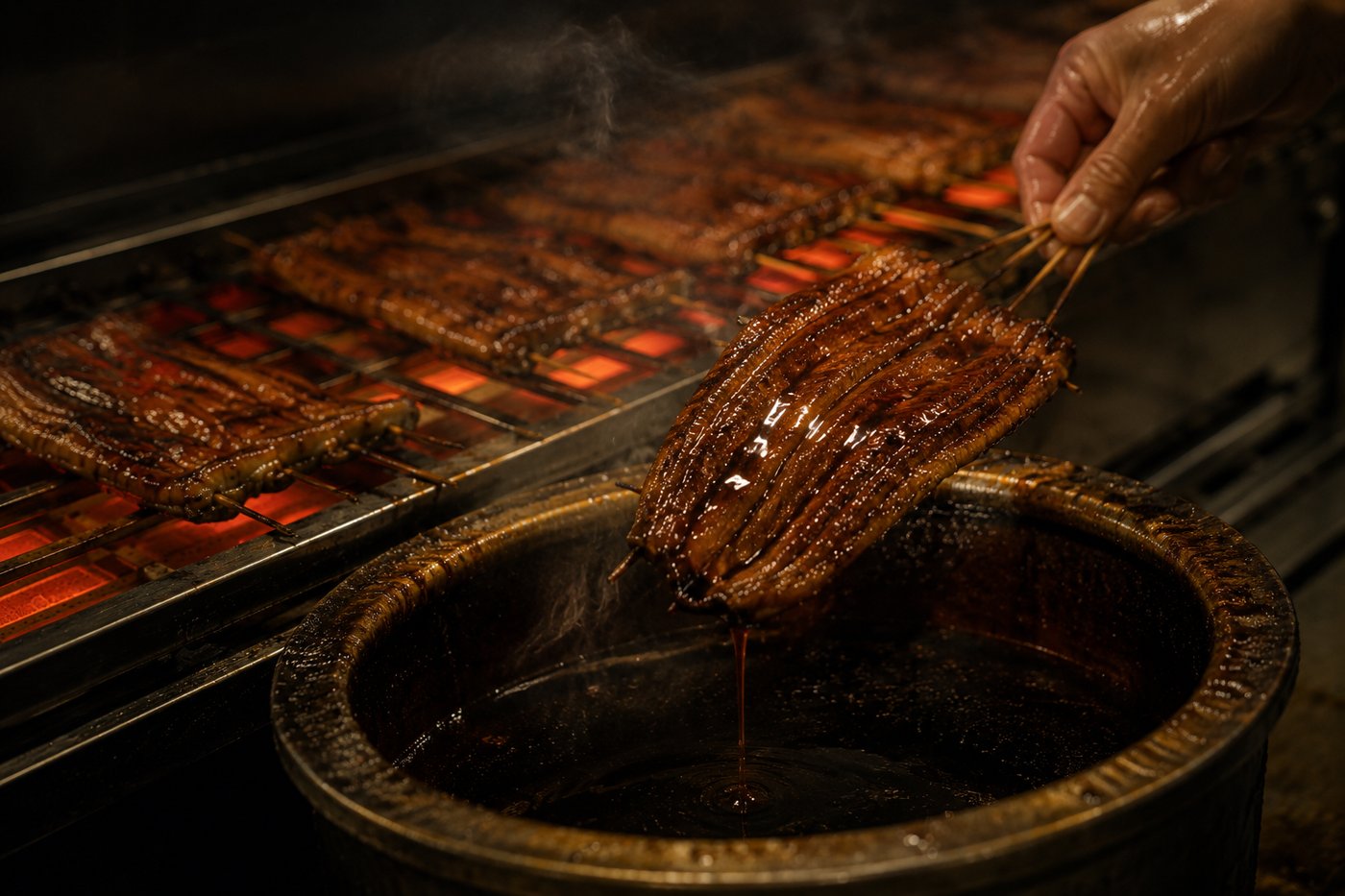 たれ壺からひきあげた飴色に照る蒲焼き